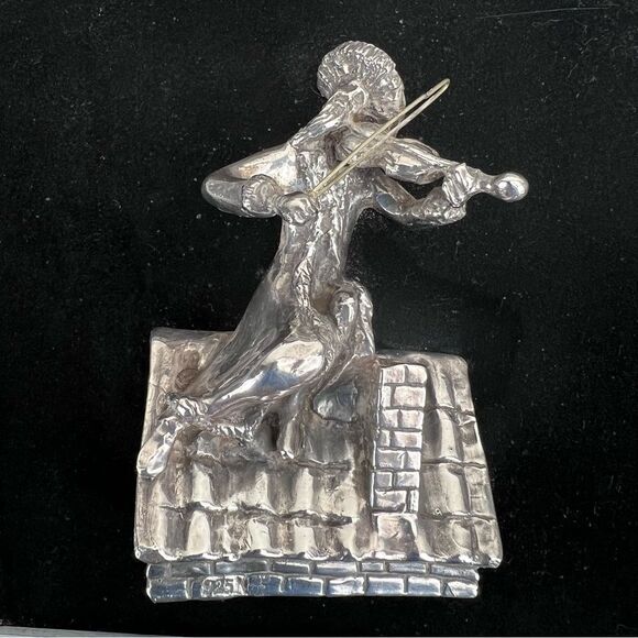 Vintage Stamped 925 Jewish Man Playing Fiddler Wall Sculpture By A Kedem Framed - Picture 6 of 12